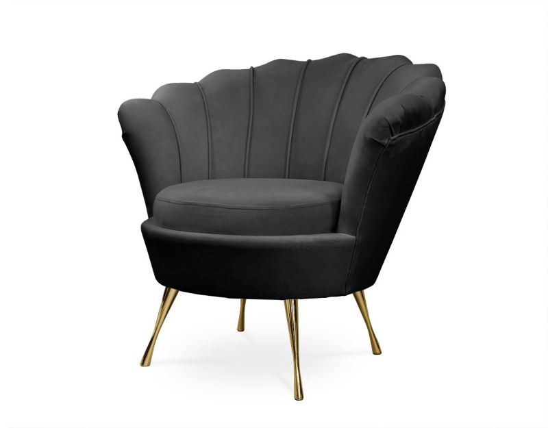 Fotel tapicerowany Bettso Muszelka na złotej nodze do salonu czarny 1szt.