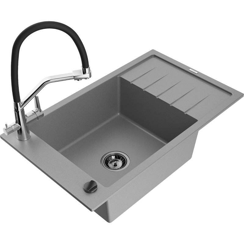 Zlewozmywak granitowy 1-komorowy Mexen Elias z ociekaczem i baterią kuchenną Duo szary 6511-71-671701-07-B