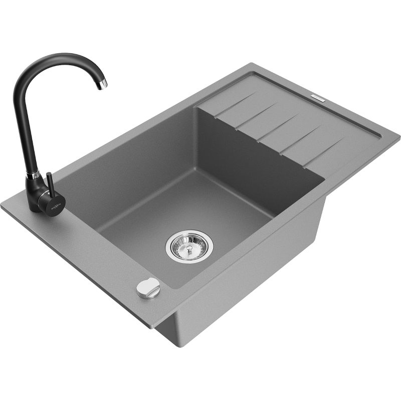 Zlewozmywak granitowy 1-komorowy Mexen Elias z ociekaczem i baterią kuchenną Telma szary 6511-71-670200-70