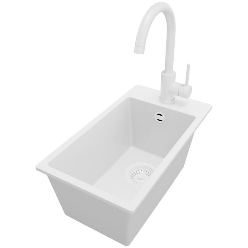 Zlewozmywak Granitowy Ryga PRIMAGRAN Nablatowy 28x50cm do szafki od 30cm, Cały Biały + Bateria 32x20cm + Syfon, S014, 1 szt.