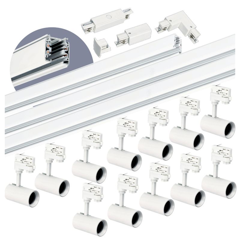 Oświetlenie szynowe 3-fazowe Kobi szyna 1m+2m+2m, 12x Lampa, łącznik I + L biały 1kpl.