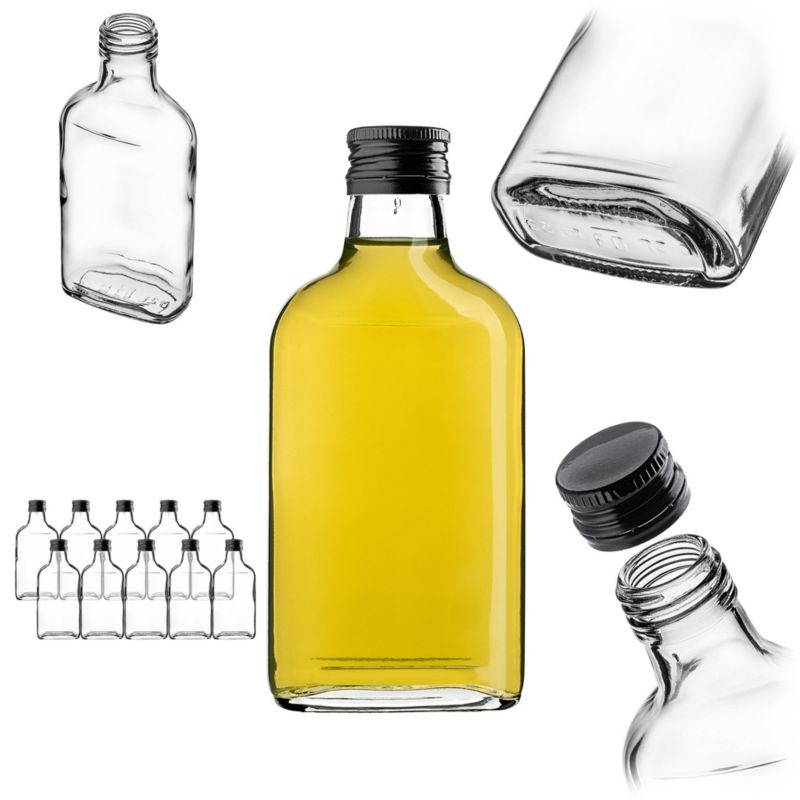 Butelka KADAX Szklana Piersiówka 200 ml Z Czarną Zakrętką 10 szt.