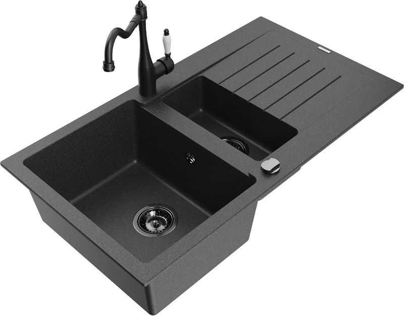Zlewozmywak granitowy Mexen Matias 1,5-komorowy z ociekaczem i baterią kuchenną Carla czarny 6502-76-670700-70-B