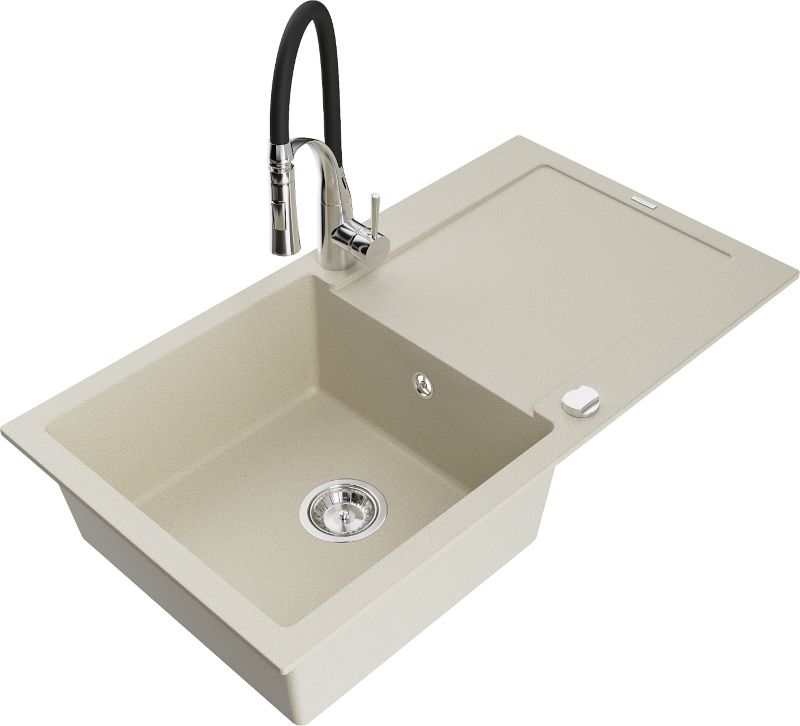 Zlewozmywak granitowy Mexen Leo 1-komorowy z ociekaczem i baterią kuchenną Aster beżowy - 6501-69-73450-07-B 1 szt.