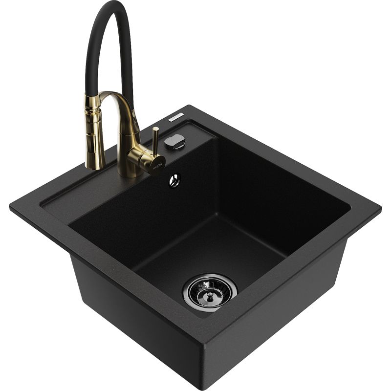 Zlewozmywak granitowy 1-komorowy Mexen Vito z baterią kuchenną Aster czarny 6503-77-73450-57-B