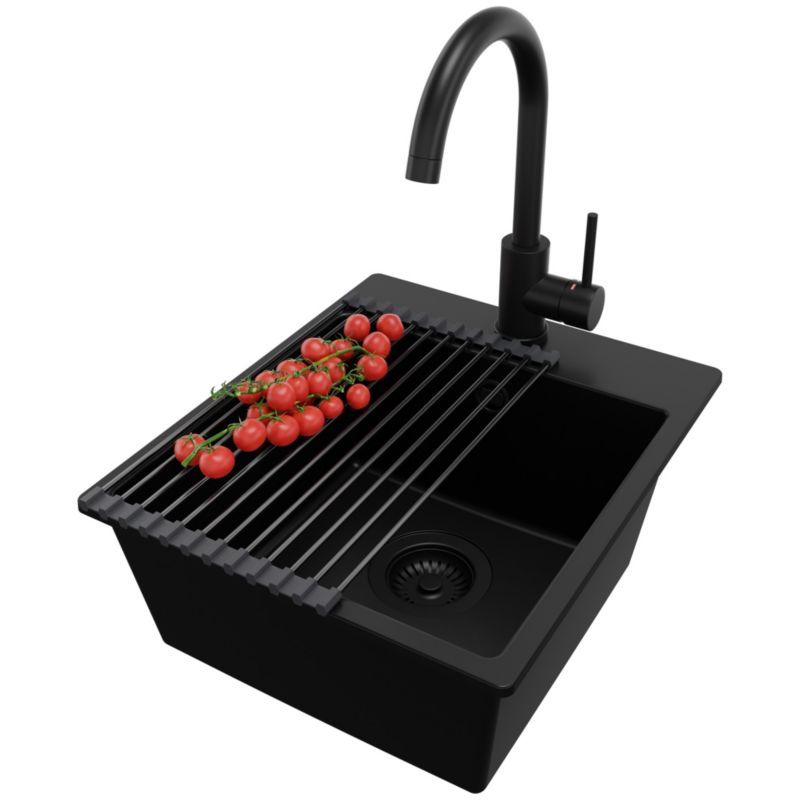 Zlewozmywak Granitowy Ryga Easy PRIMAGRAN Nablatowy 38x44cm do szafki od 40cm z Syfonem i Baterią i Dodatkiem Cały Czarny 1 szt.