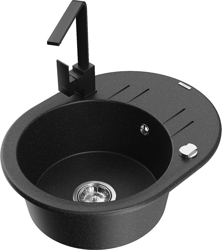 Zlewozmywak granitowy Mexen Kevin 1-komorowy z ociekaczem i baterią kuchenną Rita czarny/złoty - 6517-75-670300-70-B 1 szt.