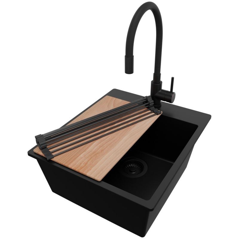 Zlewozmywak Granitowy Ryga PRIMAGRAN Nablatowy 43x50cm do szafki od 45cm z Syfonem i Baterią i Dodatkiem Cały Czarny 1 szt.