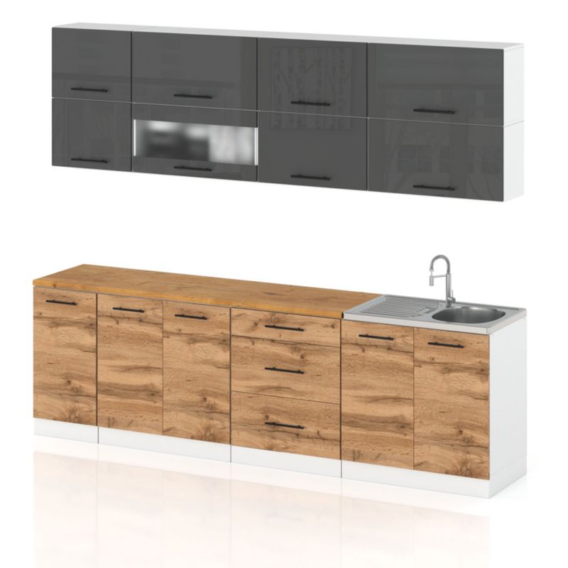 Zestaw Kuchenny Hurtownia-Mebli Z Blatem Kuchnia Robo Lux 260cm Biały Mat Szary Połysk/Dąb Wotan 260x52x157 cm 1szt.
