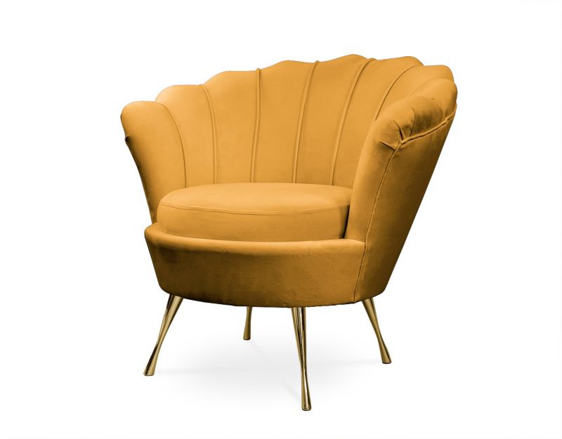 Fotel tapicerowany Bettso Muszelka na złotej nodze do salonu miodowy 1szt.