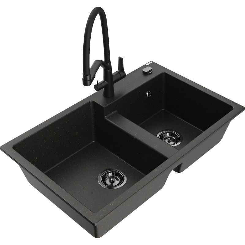 Zlewozmywak granitowy 2-komorowy Mexen Tomas z baterią kuchenną Duo szary - 6516-71-671701-07-B 1 szt.