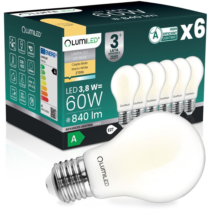 Żarówka LED Lumiled E27 A60 3,8W 840lm 2700K 360st Filament Klasa A 6 szt.