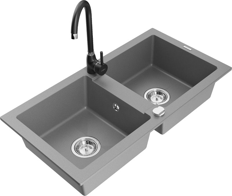 Zlewozmywak granitowy Mexen Mario 2-komorowy z baterią kuchenną Telma szary 6504-71-670200-70