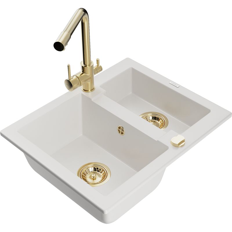 Zlewozmywak granitowy 1.5-komorowy Mexen Carlos z baterią kuchenną Duero biały 6518-20-671600-50