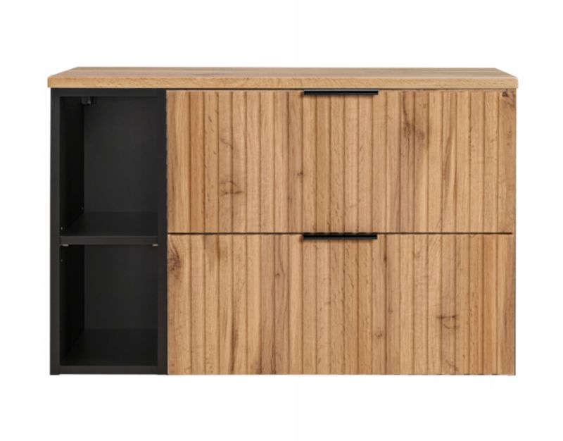 Szafka pod umywalkę Furnidea 100 cm dąb Wotan z blatem i regałem czarny mat ryflowany Adel 1 szt.