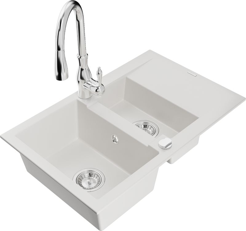 Zlewozmywak granitowy Mexen Kevin 1-komorowy z ociekaczem i baterią kuchenną Rita czarny - 6517-76-670300-70 1 szt.