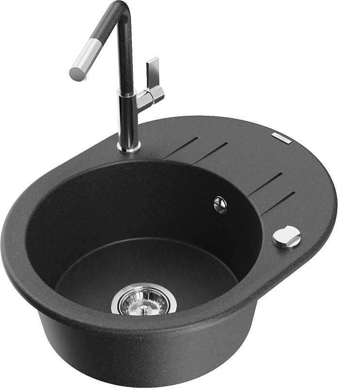 Zlewozmywak granitowy Mexen Kevin 1-komorowy z ociekaczem i baterią kuchenną Flora czarny 6517-76-670401-08