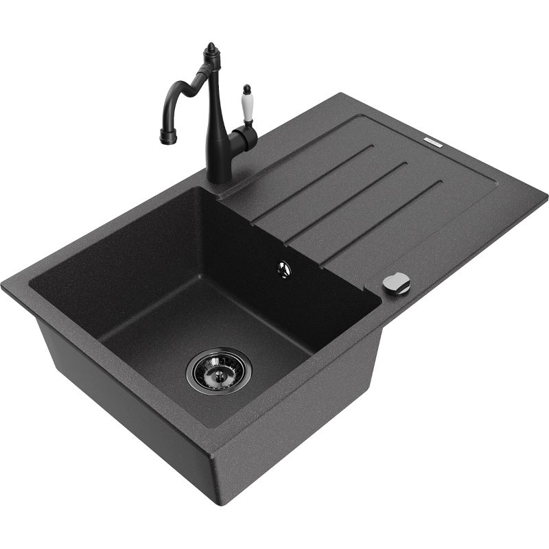 Zlewozmywak granitowy 1-komorowy Mexen Bruno z ociekaczem i baterią kuchenną Carla czarny nakrapiany 6513-76-670700-70-B