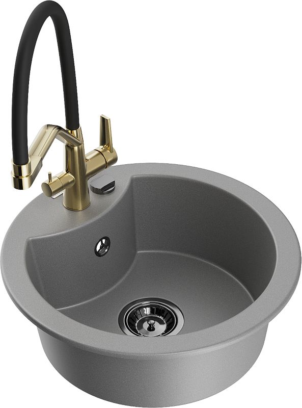 Zlewozmywak granitowy Mexen Diego 1-komorowy z baterią kuchenną Duo szary 6512-71-671701-57-B