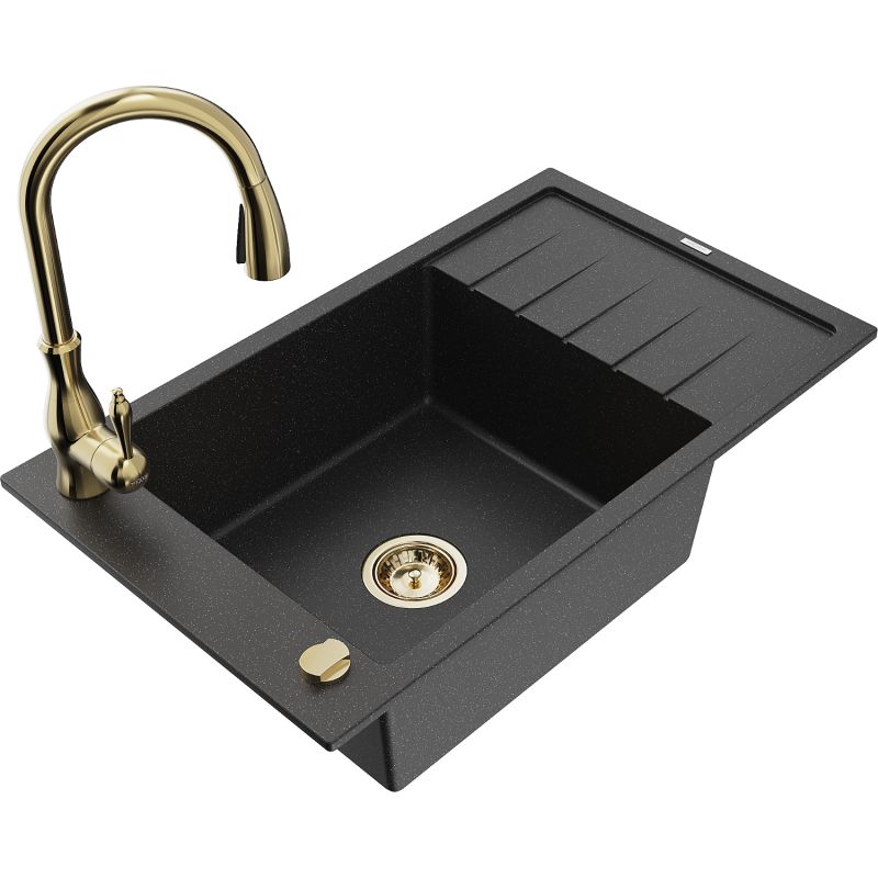 Zlewozmywak granitowy 1-komorowy Mexen Elias z ociekaczem i baterią kuchenną Savita czarny/srebrny metalik 6511-73-672601-50