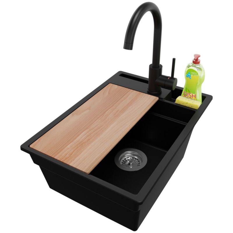 Zlewozmywak Granitowy Oslo Pocket PRIMAGRAN Nablatowy 38x53cm do szafki od 40cm z Syfonem i Baterią i Dodatkiem Czarny 1 szt.