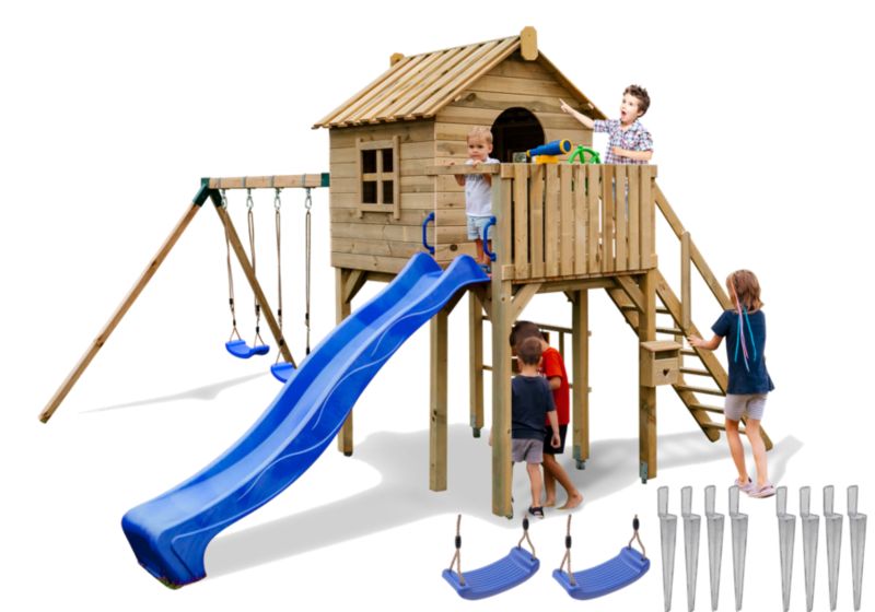 Plac zabaw dla dzieci Meblogród Przytulny Domek niebieska zjeżdżalnia i huśtawki, domek z tarasem, 1kpl