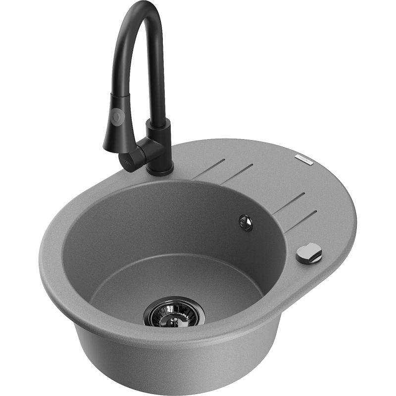 Zlewozmywak granitowy 1-komorowy Mexen Kevin z ociekaczem i baterią kuchenną Elia szary 6517-71-670101-70-B