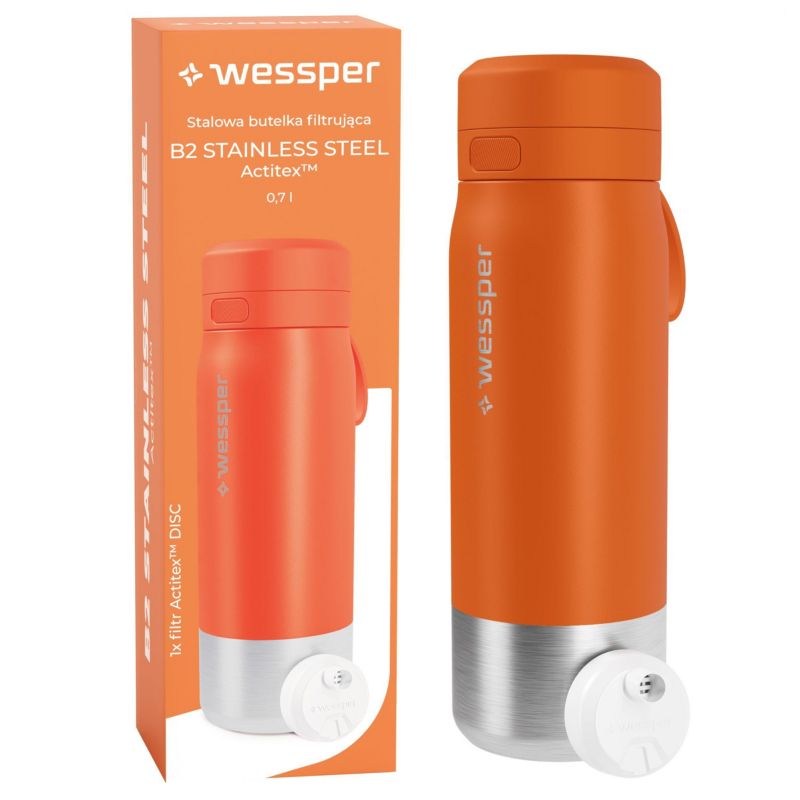 Butelka na wodę, Wessper, filtrująca, stal nierdzewna, bidon, z filtrem wody, 0,7L, B2 STAINLESS STEEL Actitex, pomarańczowa, 1szt