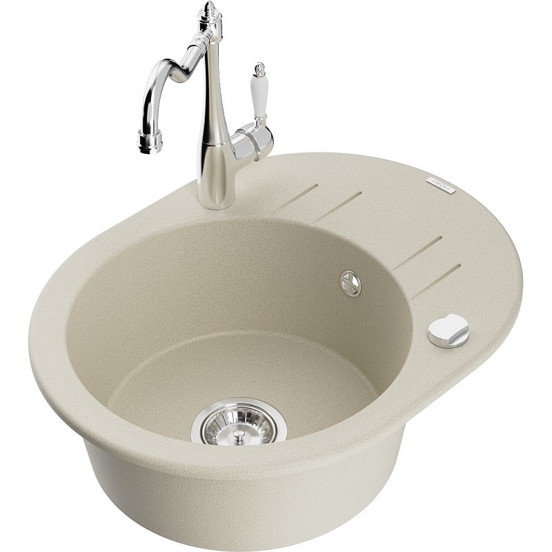 Zlewozmywak granitowy 1-komorowy Mexen Kevin z ociekaczem i baterią kuchenną Carla beżowy 6517-69-670700-00