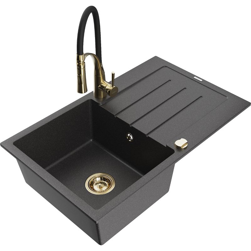 Zlewozmywak granitowy 1-komorowy Mexen Bruno z ociekaczem i baterią kuchenną Aster czarny nakrapiany 6513-76-73450-57-G