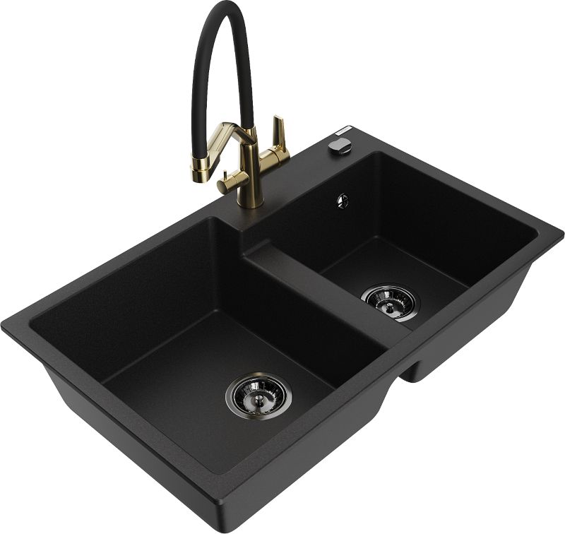 Zlewozmywak granitowy Mexen Tomas 2-komorowy z baterią kuchenną Duo czarny/srebrny - 6516-73-671701-57-B 1 szt.