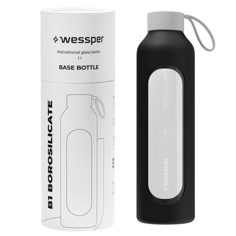 Butelka na wodę, Wessper B1, motywacyjna, z miarką, z etui silikonowym, szkło borokrzemowe, bidon, 1000ml, czarny, 1szt