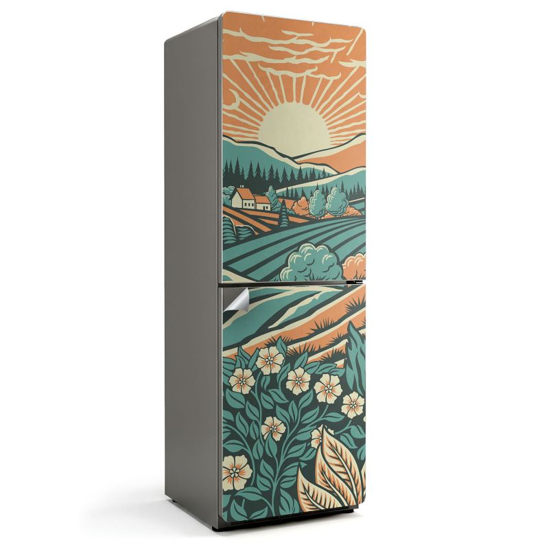 Ochronna naklejka na lodówkę Wallfluent 60x190 cm Ilustracja łąki wschód słońca 1 szt.