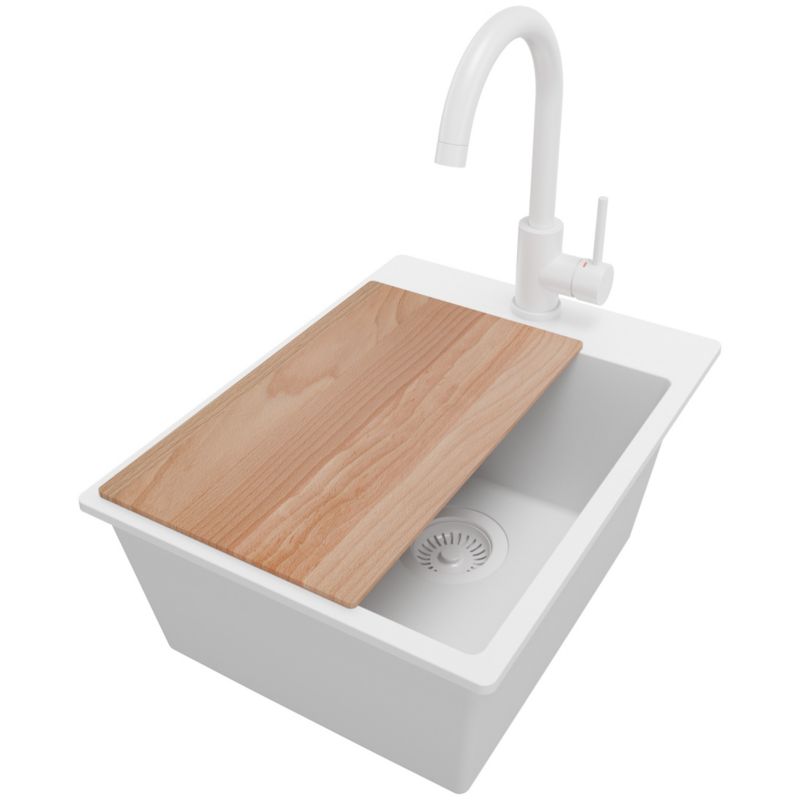 Zlewozmywak Granitowy Ryga PRIMAGRAN Nablatowy 38x50cm do szafki od 40cm z Syfonem i Baterią i Dodatkiem Cały Biały 1 szt.