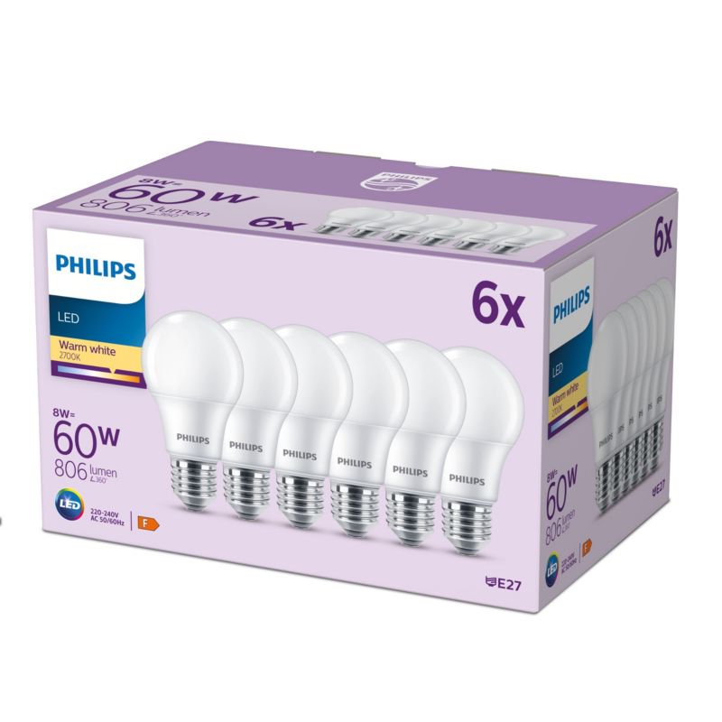 Żarówka LED Philips E27 A60 8W 806lm 2700K 150st 6 szt.