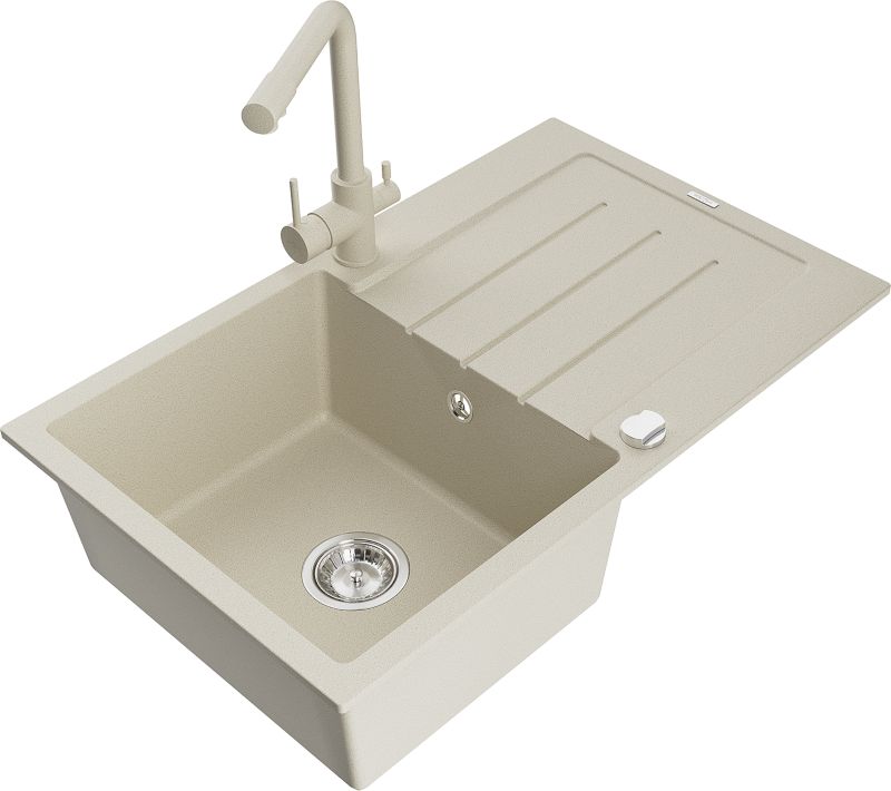 Zlewozmywak granitowy Mexen Bruno 1-komorowy z ociekaczem i baterią kuchenną Duero beżowy - 6513-69-671600-70 1 szt.
