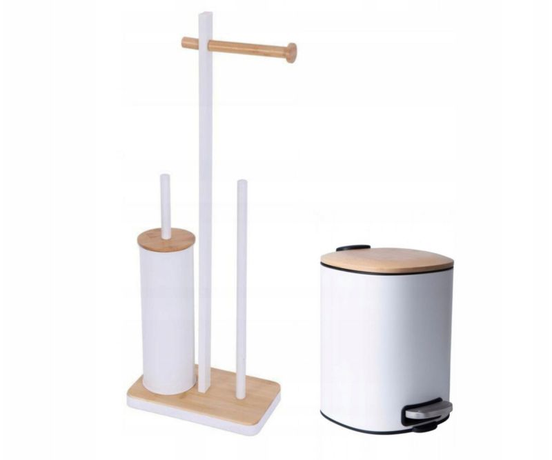 Zestaw łazienkowy Yoka Home Kosz na śmieci Stojak 3w1 Uchwyt na papier toaletowy biały bambus - 1 szt.