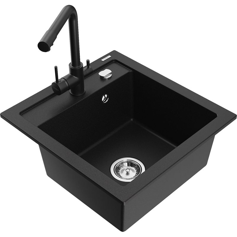 Zlewozmywak granitowy 1-komorowy Mexen Vito z baterią kuchenną Duero czarny/srebrny metalik - 6503-73-671600-70 1 szt.