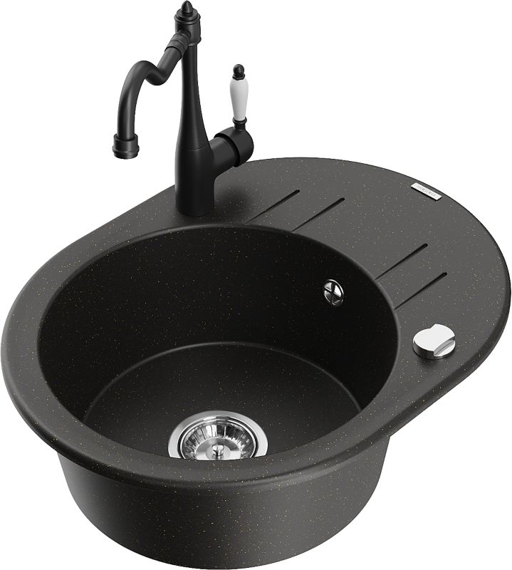 Zlewozmywak granitowy Mexen Kevin 1-komorowy z ociekaczem i baterią kuchenną Carla czarny/złoty 6517-75-670700-70