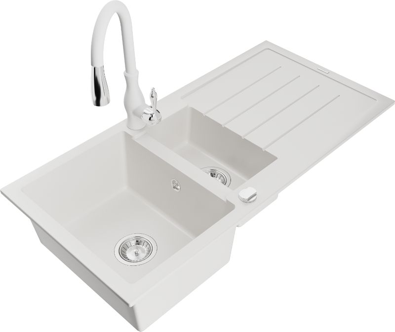 Zlewozmywak granitowy Mexen Andres 1,5-komorowy z ociekaczem i baterią kuchenną Savita biały 6515-20-672601-20