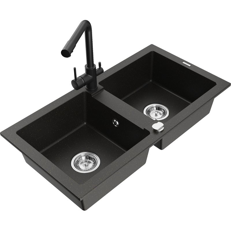 Zlewozmywak granitowy 2-komorowy Mexen Mario z baterią kuchenną Duero czarny/złoty metalik 6504-75-671600-70