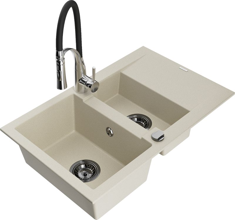 Zlewozmywak granitowy Mexen Gaspar 1,5-komorowy z ociekaczem i baterią kuchenną Aster beżowy 6507-69-73450-07-B