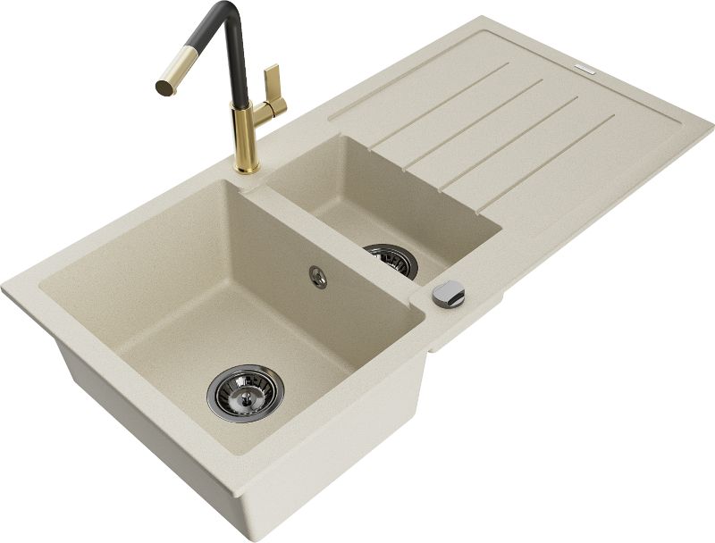 Zlewozmywak granitowy Mexen Andres 1,5-komorowy z ociekaczem i baterią kuchenną Flora beżowy 6515-69-670401-57-B