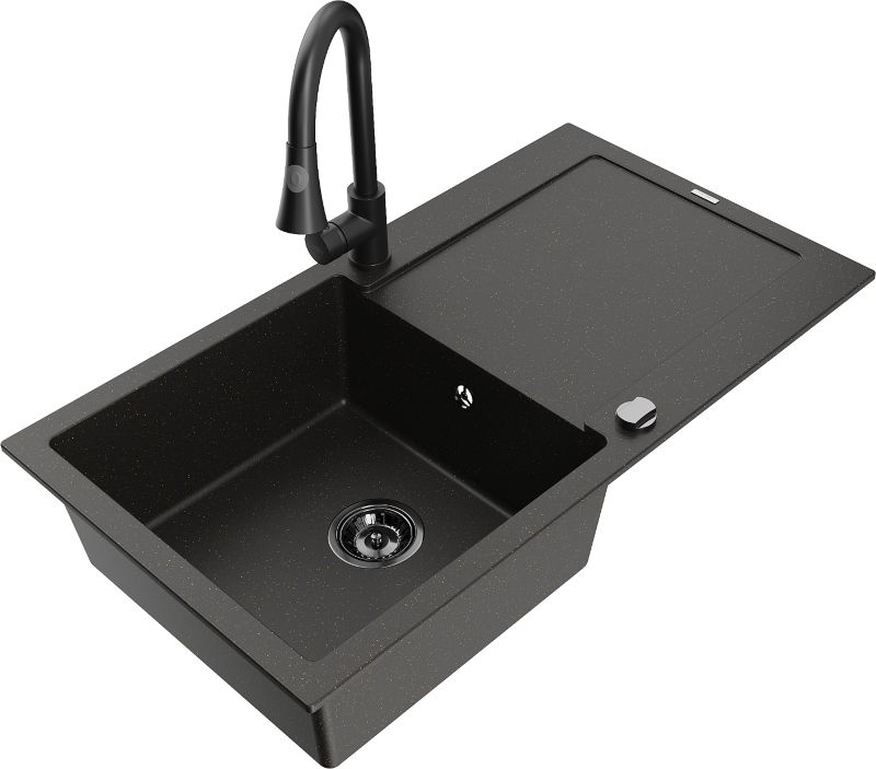 Zlewozmywak granitowy Mexen Leo 1-komorowy z ociekaczem i baterią kuchenną Flora czarny/złoty - 6501-75-670401-70-B 1 szt.