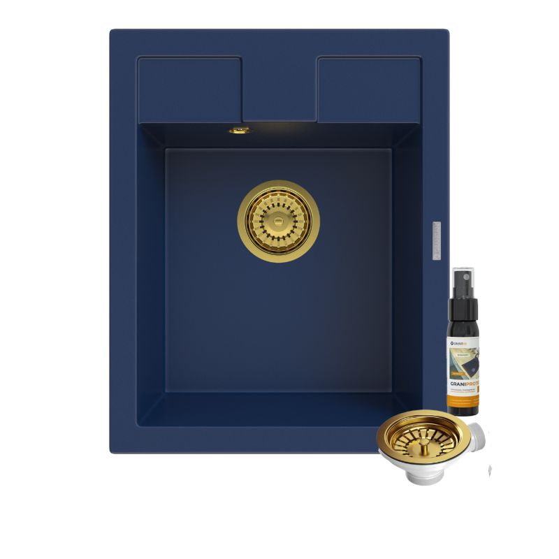 Zlewozmywak Granitowy Jednokomorowy Kuchenny Granitan Best Niebieski Syfon złoty 1 kpl.