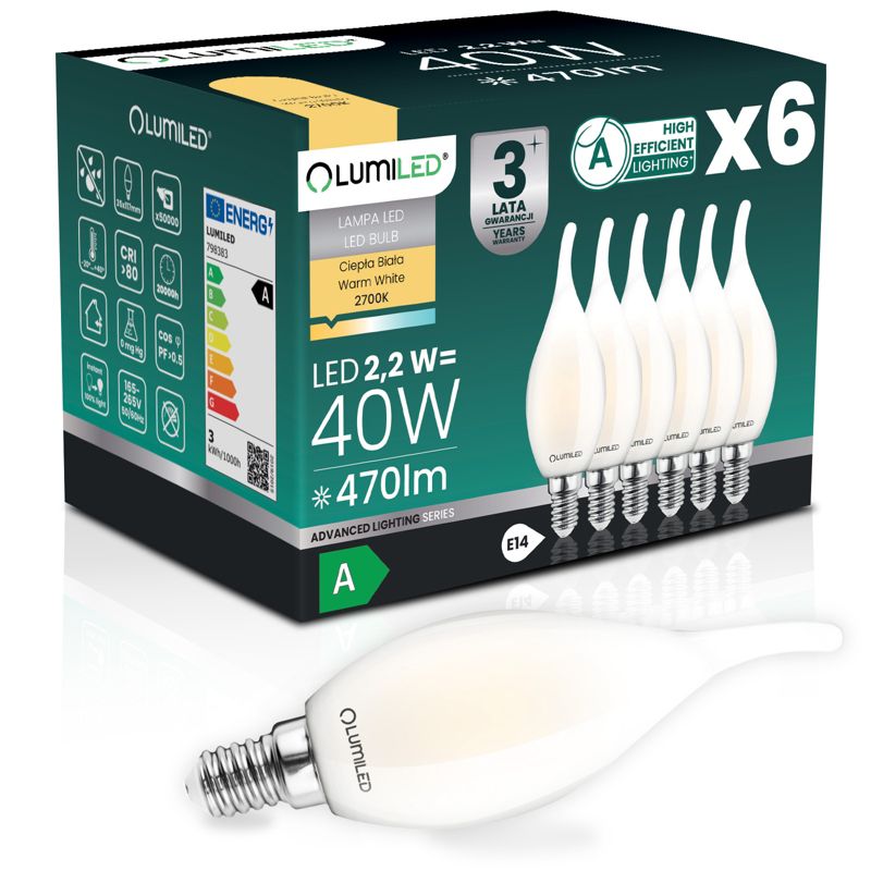 Żarówka LED Lumiled E14 Świeczka BA35 2,2W 470lm 2700K 360st Filament Klasa A 6 szt.