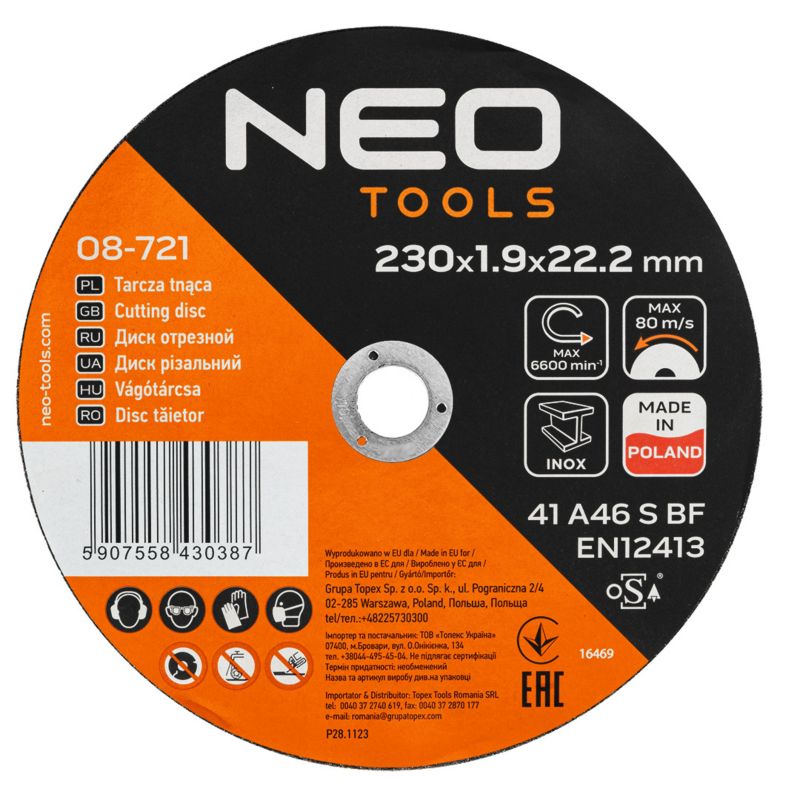 Tarcze tnące do metalu NEO TOOLS 230 x 1.9 x 22,2mm, 41 A46-S-BF, 25 szt 1 kpl
