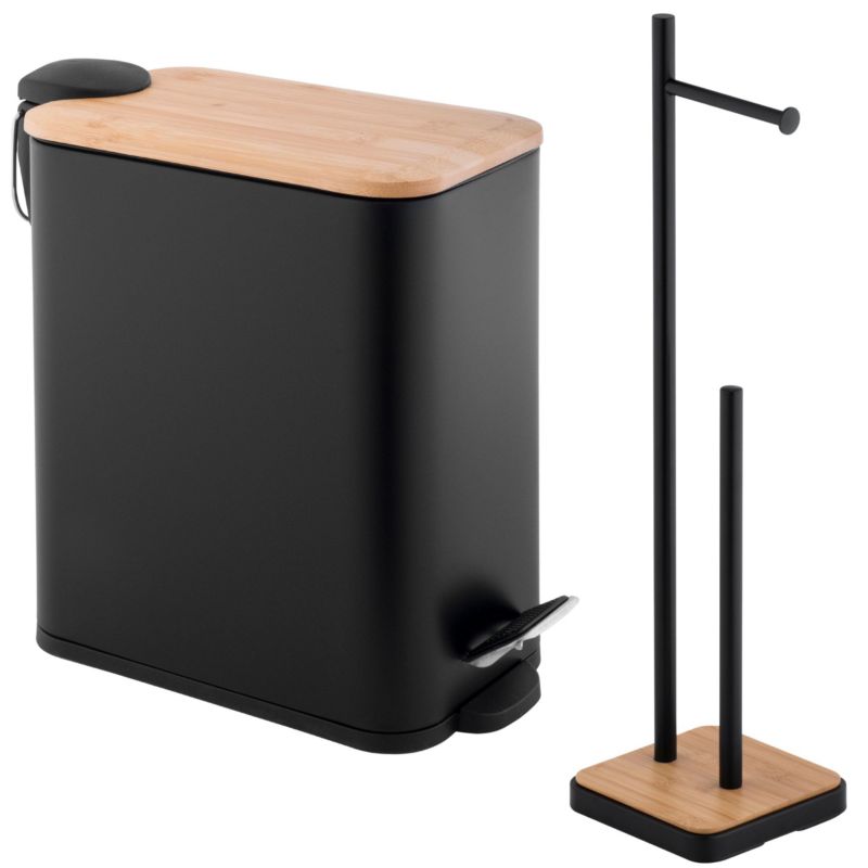 Zestaw Łazienkowy MOBY SAGA - YOKA HOME : Kosz na śmieci 5l i Stojak na papier toaletowy - czarny bambus - 1 szt.