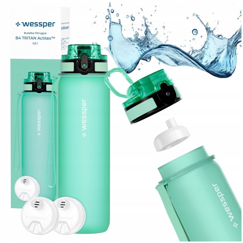 Butelka na wodę, Wessper, filtrująca, tritanowa, bidon + 2x filtr wody, bez BPA, 500ml, B4 TRITAN Actitex, miętowa, 3szt