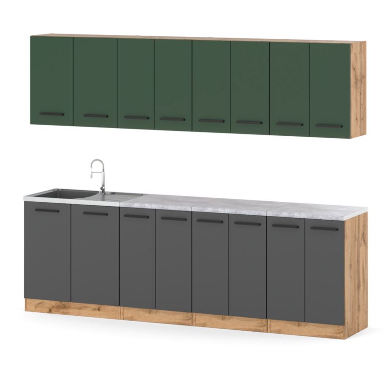 Zestaw Kuchenny Hurtownia-Mebli Z Blatem Kuchnia Vero 260cm Dąb Wotan Butelkowa Zieleń/Szary Mat 260x47x145 cm 1szt.